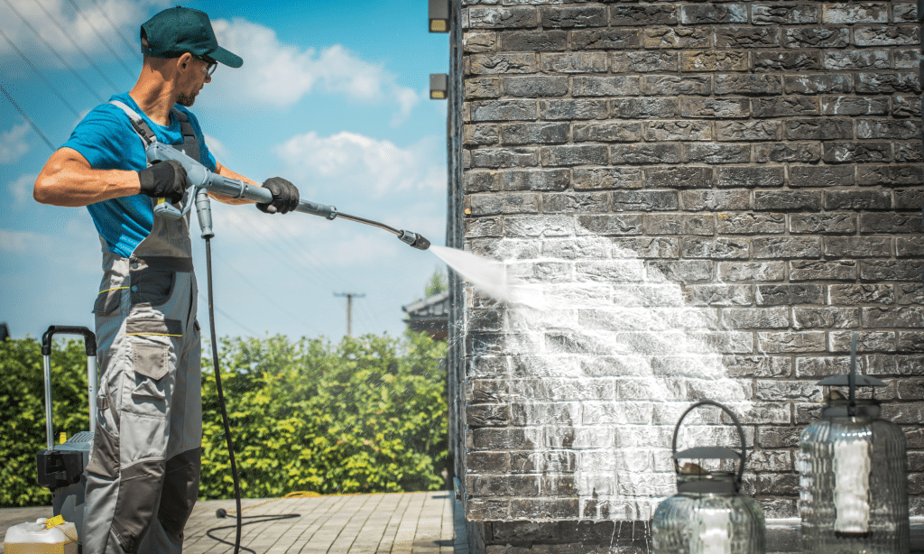 Person using a pressure washer to clean a brick wall, with water spraying against the surface