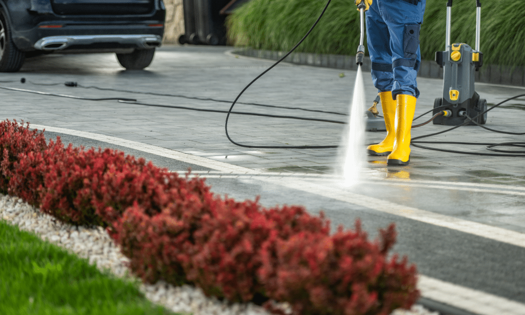 Person using a pressure washer to clean a concrete driveway, with red bushes in the foreground
