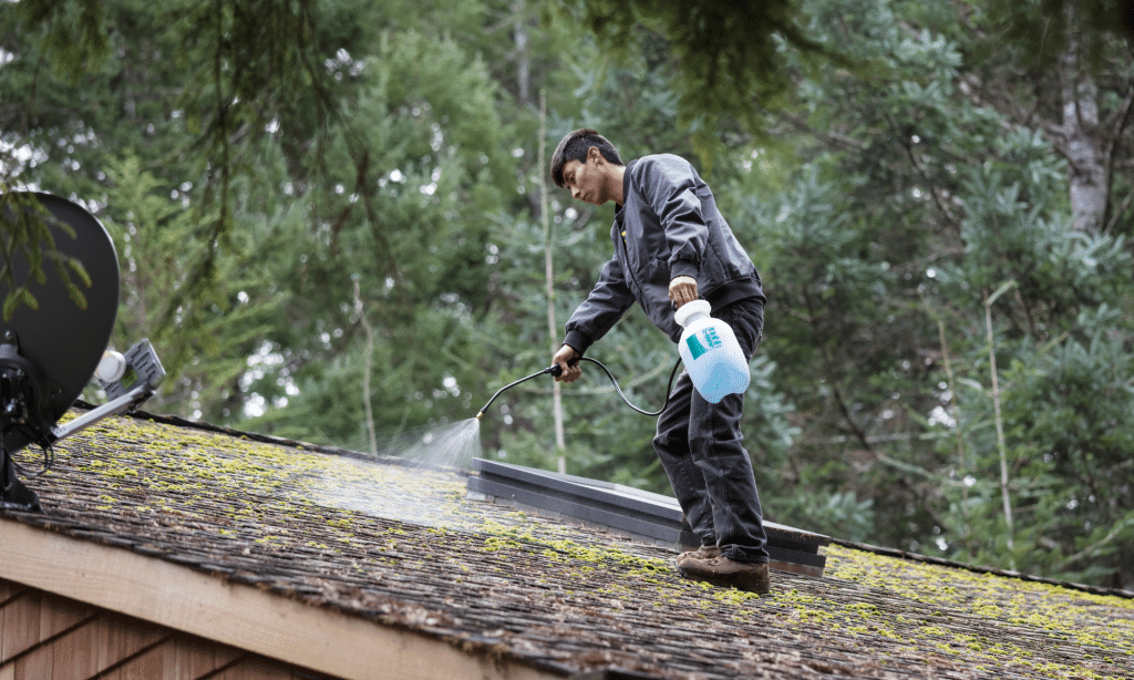 Individual standing on a roof, using a pressure washer to clean the rooftop surface