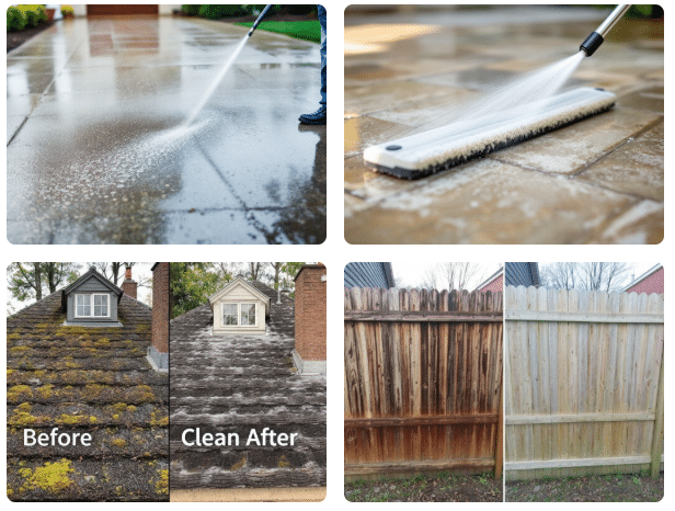 Before-and-after comparison of a wooden fence after pressure washing, with text overlay reading "Clean After"